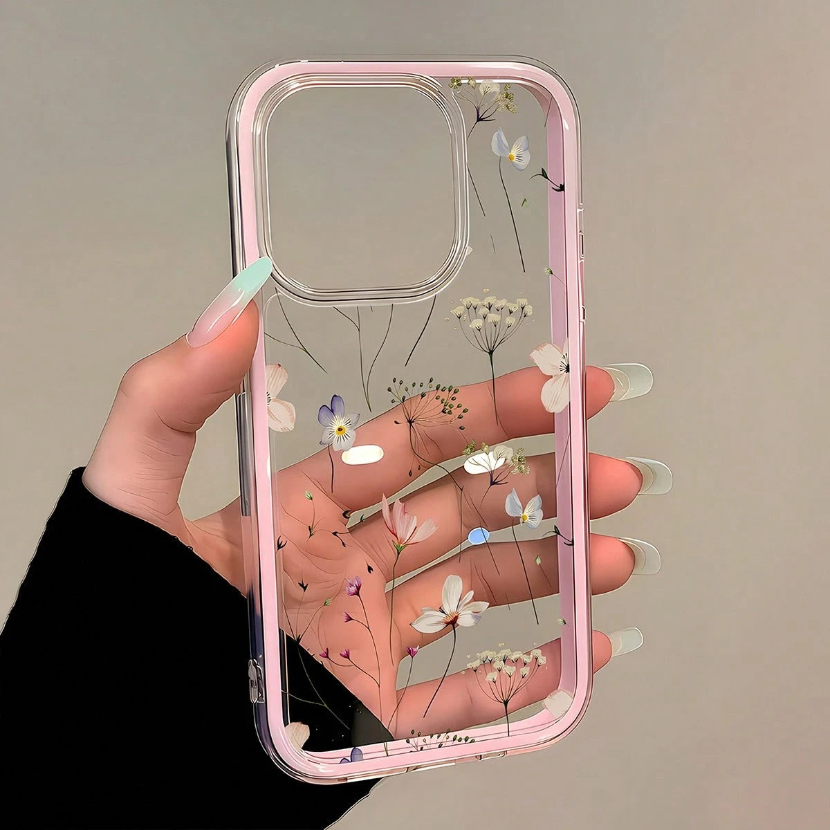 1pc Transparent Phone Case With Pink Frame, Minimalist Lens Protection Anti-Fall Design, Colorful Floral Pattern Suitable For IPhone 16 Pro Max, 17/16/15/14 Plus, 13/12/11, Air
