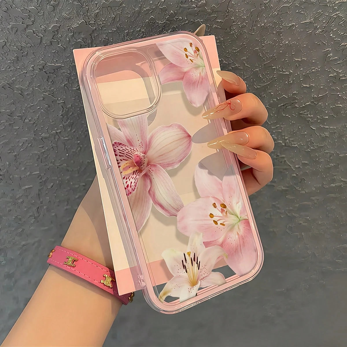 1pc Transparent Phone Case With Pink Frame, Minimalist Lens Protection Anti-Fall Design, Colorful Floral Pattern Suitable For IPhone 16 Pro Max, 17/16/15/14 Plus, 13/12/11, Air