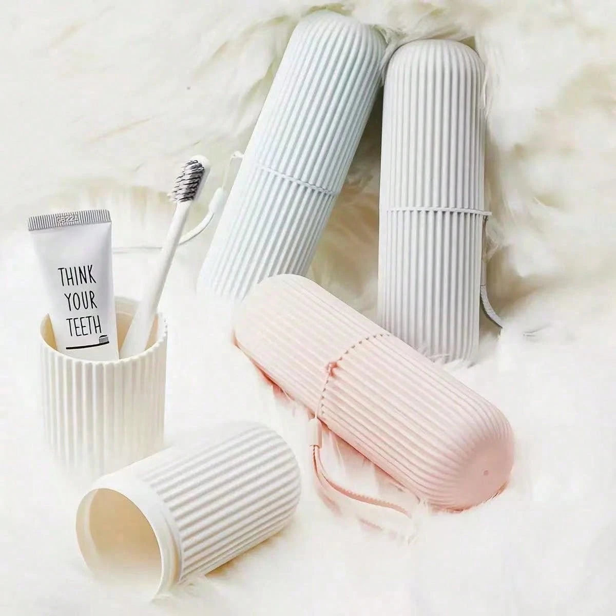 1pc Travel Toothbrush Holder, Vertical Striped Portable Rinse Cup, Toothbrush Cup, Dorm Bathroom Storage Box, Portable Toothbrush Rack, Suitable For Travel, Back To School Season, Storage And Bathroom
