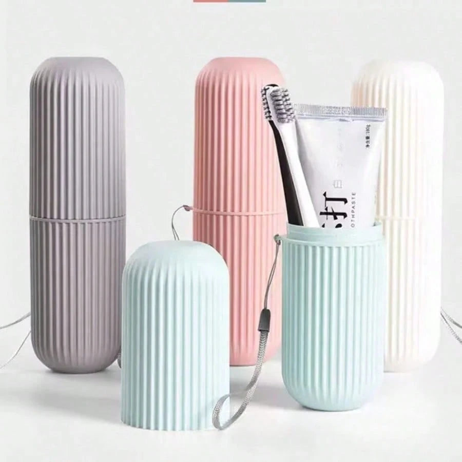 1pc Travel Toothbrush Holder, Vertical Striped Portable Rinse Cup, Toothbrush Cup, Dorm Bathroom Storage Box, Portable Toothbrush Rack, Suitable For Travel, Back To School Season, Storage And Bathroom
