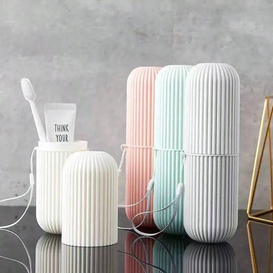 1pc Travel Toothbrush Holder, Vertical Striped Portable Rinse Cup, Toothbrush Cup, Dorm Bathroom Storage Box, Portable Toothbrush Rack, Suitable For Travel, Back To School Season, Storage And Bathroom