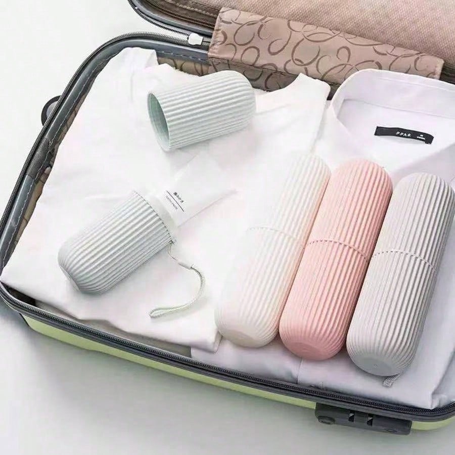 1pc Travel Toothbrush Holder, Vertical Striped Portable Rinse Cup, Toothbrush Cup, Dorm Bathroom Storage Box, Portable Toothbrush Rack, Suitable For Travel, Back To School Season, Storage And Bathroom