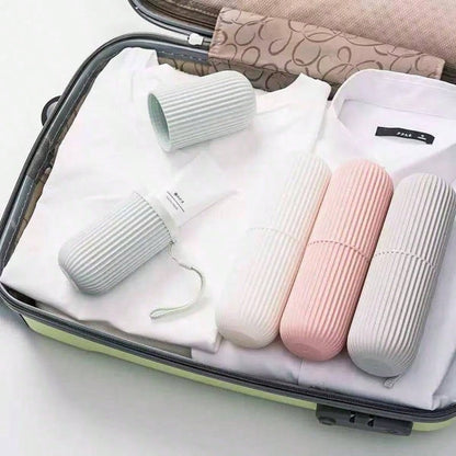 1pc Travel Toothbrush Holder, Vertical Striped Portable Rinse Cup, Toothbrush Cup, Dorm Bathroom Storage Box, Portable Toothbrush Rack, Suitable For Travel, Back To School Season, Storage And Bathroom