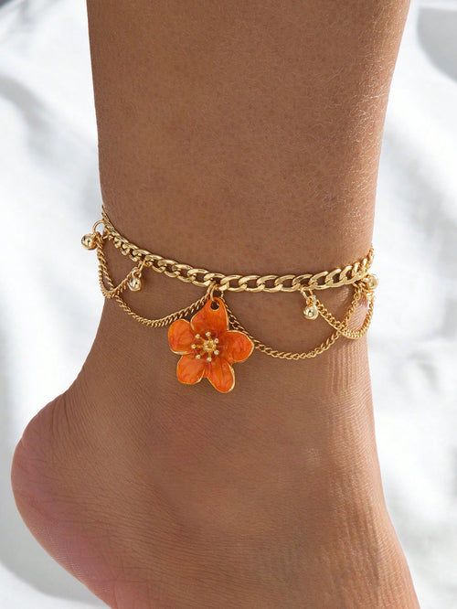 1pc Vacation Style Line Tassel Handmade Enamel Vibrant Orange 5-Petal Flower Charm Multilayer Anklet For Women
