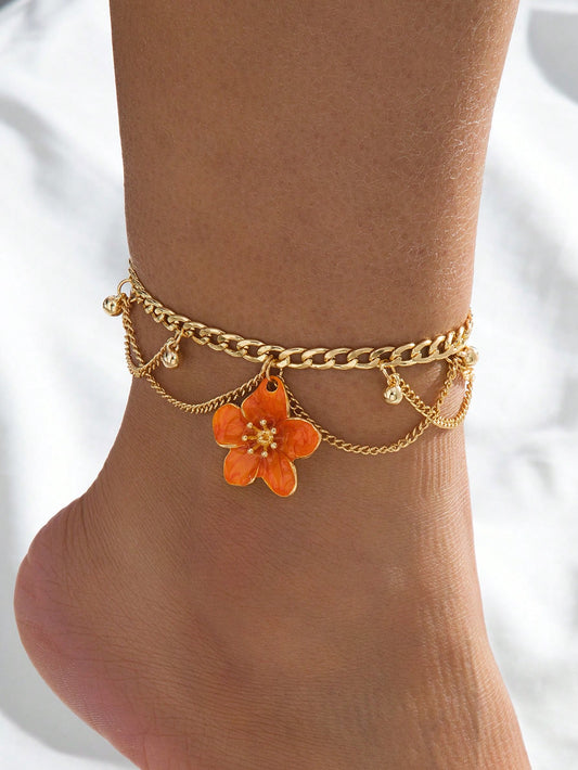 1pc Vacation Style Line Tassel Handmade Enamel Vibrant Orange 5-Petal Flower Charm Multilayer Anklet For Women
