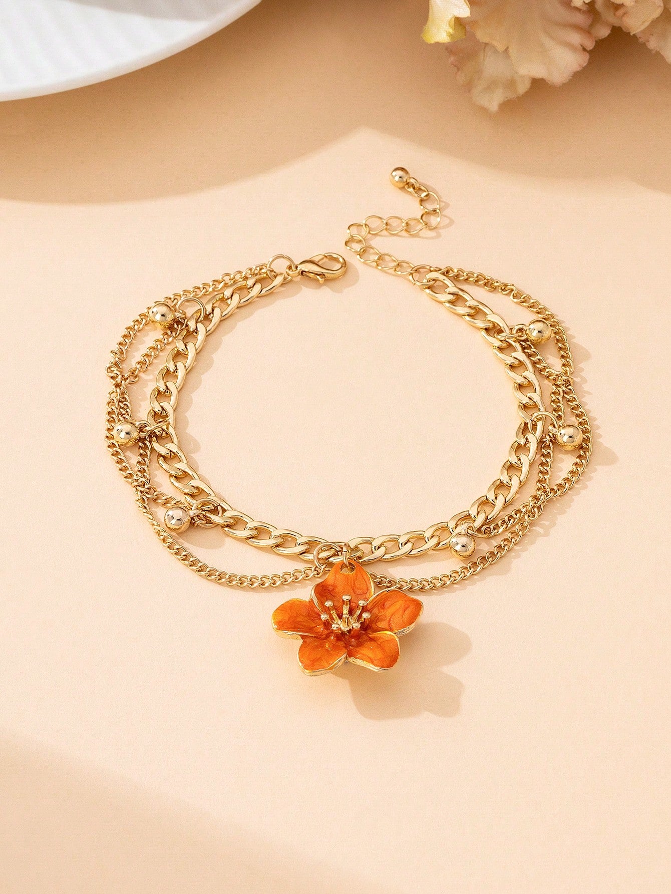 1pc Vacation Style Line Tassel Handmade Enamel Vibrant Orange 5-Petal Flower Charm Multilayer Anklet For Women