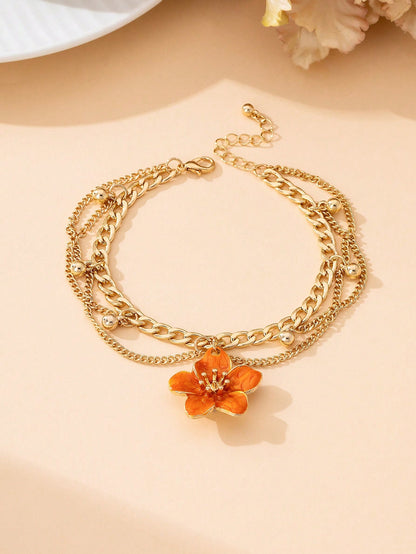 1pc Vacation Style Line Tassel Handmade Enamel Vibrant Orange 5-Petal Flower Charm Multilayer Anklet For Women