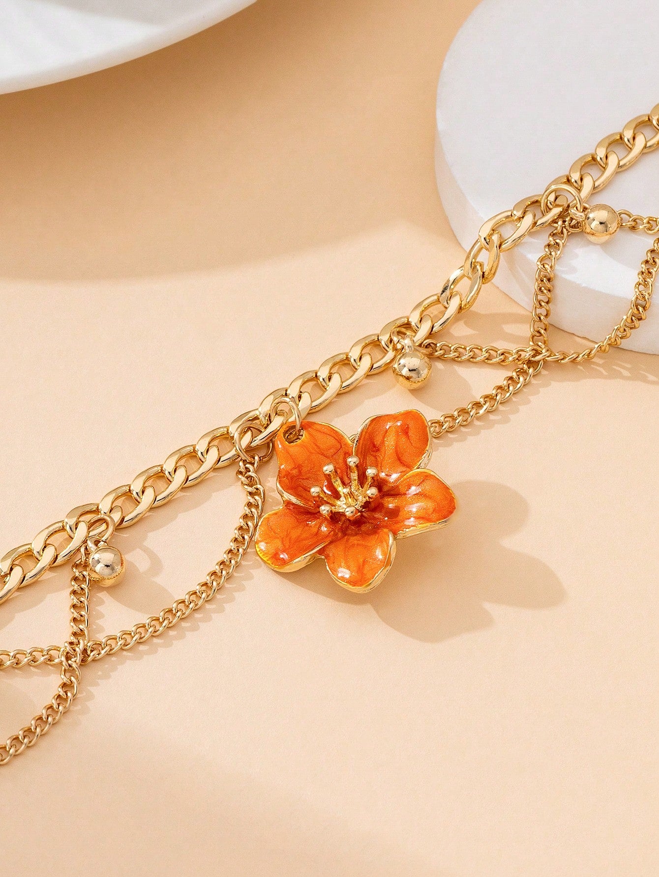 1pc Vacation Style Line Tassel Handmade Enamel Vibrant Orange 5-Petal Flower Charm Multilayer Anklet For Women