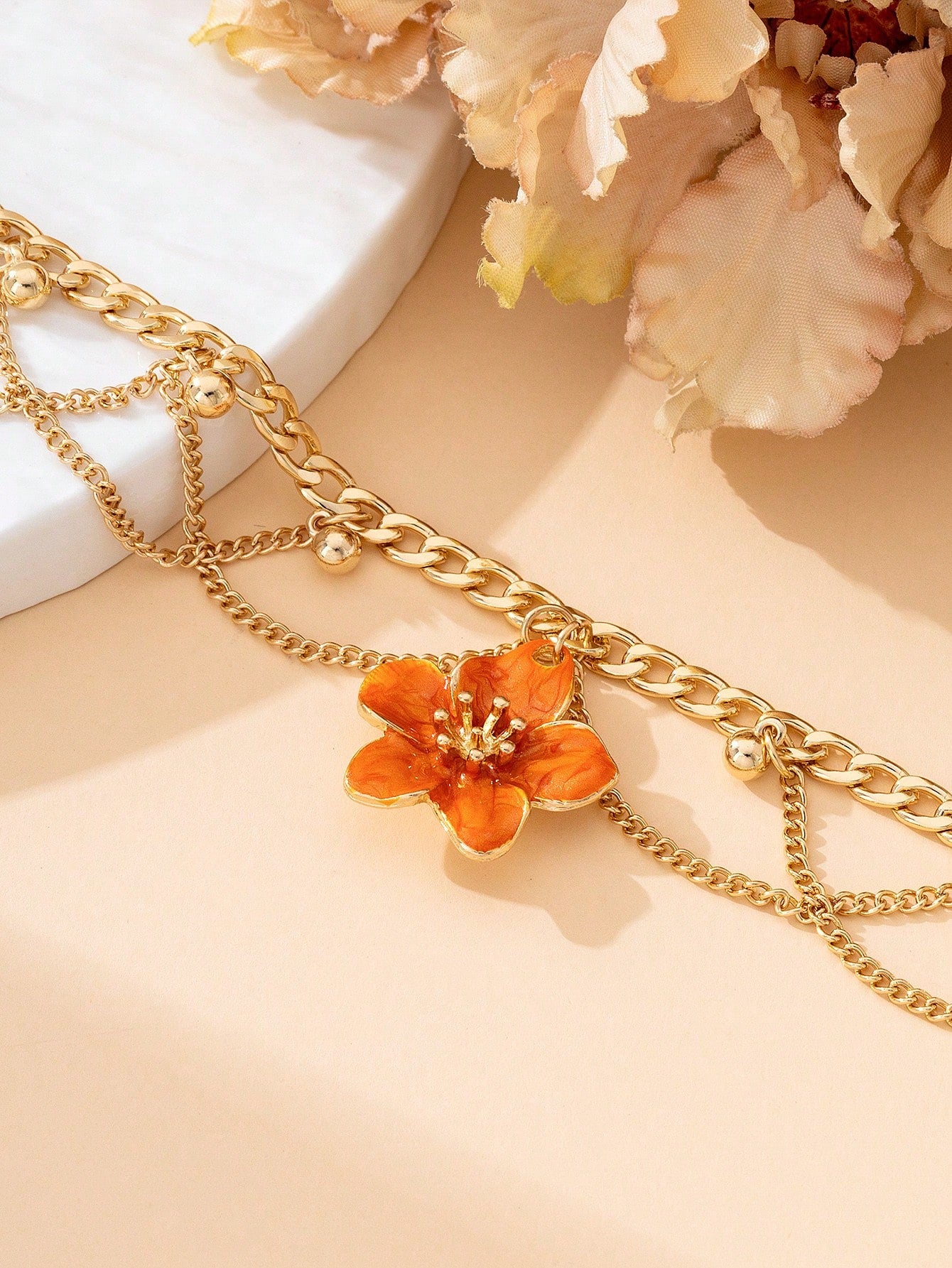 1pc Vacation Style Line Tassel Handmade Enamel Vibrant Orange 5-Petal Flower Charm Multilayer Anklet For Women