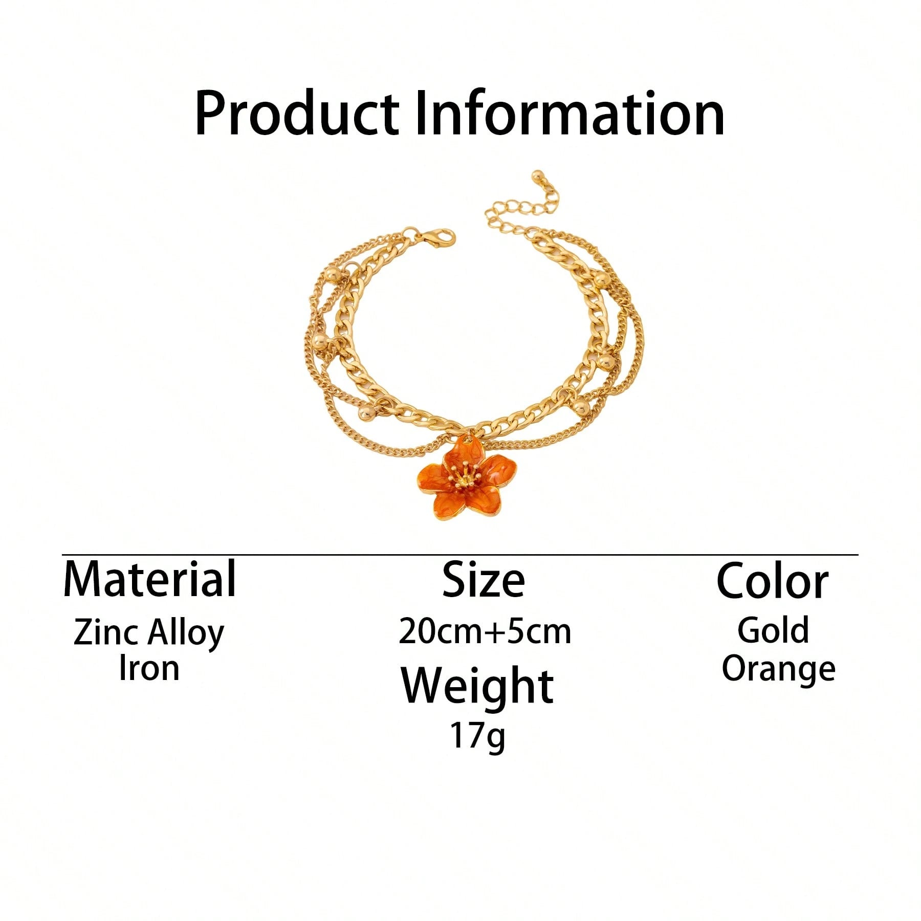 1pc Vacation Style Line Tassel Handmade Enamel Vibrant Orange 5-Petal Flower Charm Multilayer Anklet For Women