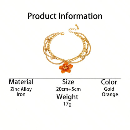 1pc Vacation Style Line Tassel Handmade Enamel Vibrant Orange 5-Petal Flower Charm Multilayer Anklet For Women