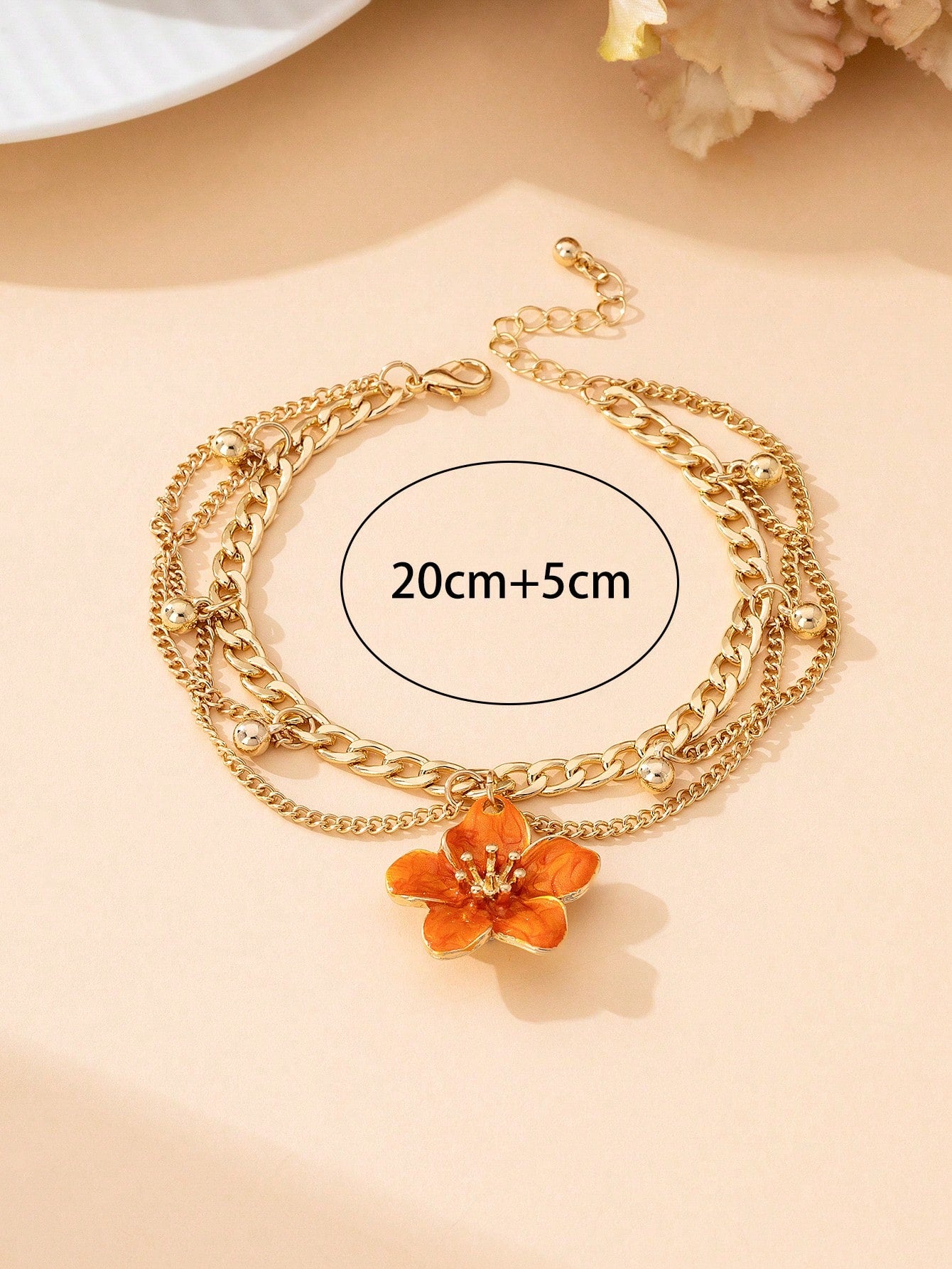 1pc Vacation Style Line Tassel Handmade Enamel Vibrant Orange 5-Petal Flower Charm Multilayer Anklet For Women