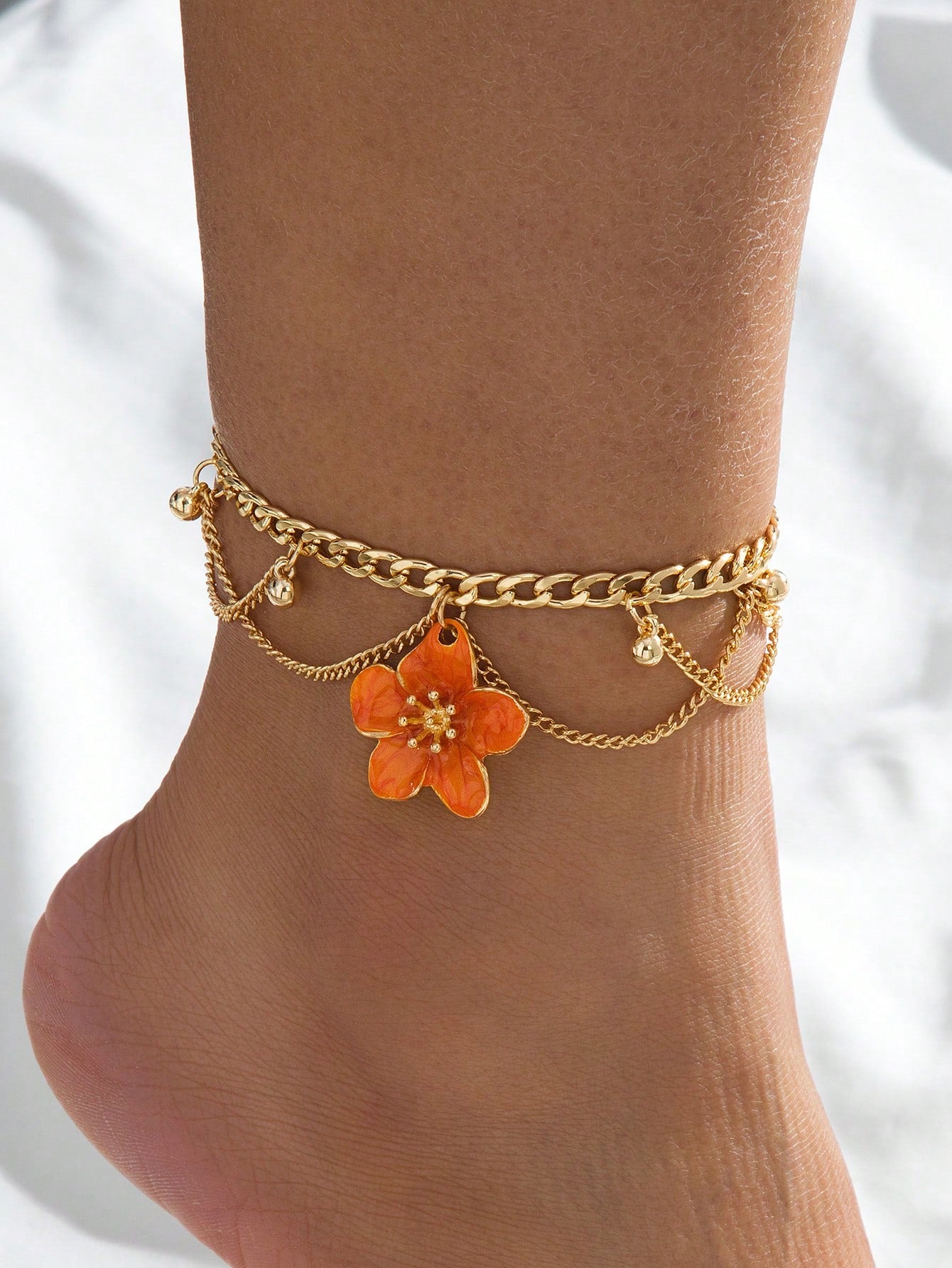 1pc Vacation Style Line Tassel Handmade Enamel Vibrant Orange 5-Petal Flower Charm Multilayer Anklet For Women