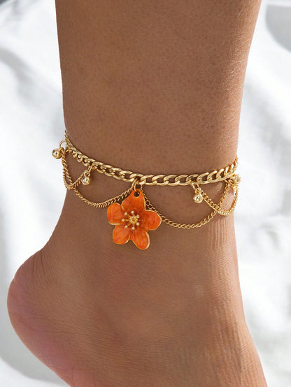 1pc Vacation Style Line Tassel Handmade Enamel Vibrant Orange 5-Petal Flower Charm Multilayer Anklet For Women
