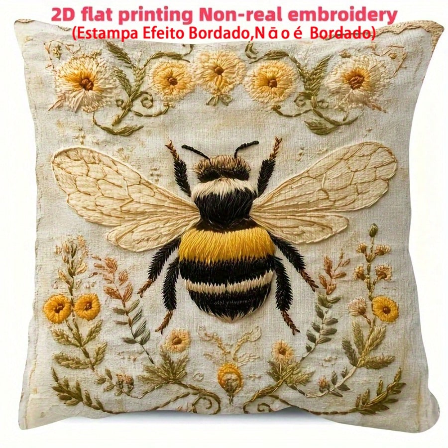 1pc Vintage Farmhouse Style Yellow Bee Embroidery Inspired Throw Pillow Cover, 2D Daisy Floral Print Cushion Case, Living Room Bedroom Sofa Decor, Linen Fabric Single-Sided Print, 18" X 18" (Without P