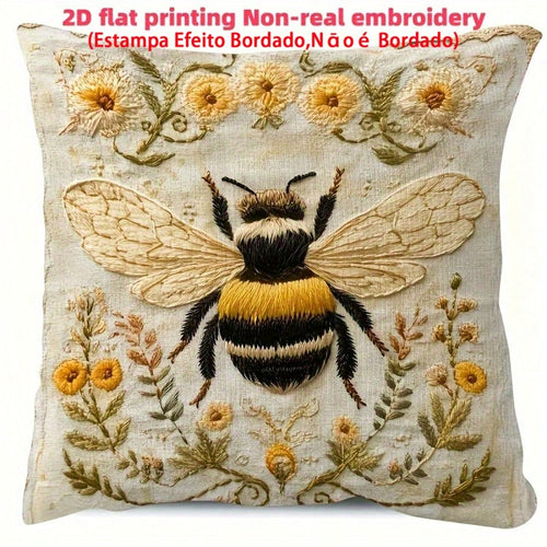 1pc Vintage Farmhouse Style Yellow Bee Embroidery Inspired Throw Pillow Cover, 2D Daisy Floral Print Cushion Case, Living Room Bedroom Sofa Decor, Linen Fabric Single-Sided Print, 18" X 18" (Without P