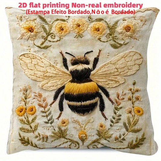 1pc Vintage Farmhouse Style Yellow Bee Embroidery Inspired Throw Pillow Cover, 2D Daisy Floral Print Cushion Case, Living Room Bedroom Sofa Decor, Linen Fabric Single-Sided Print, 18" X 18" (Without P