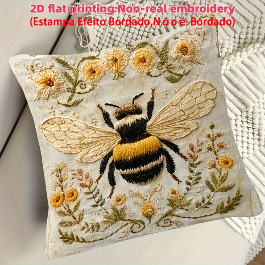 1pc Vintage Farmhouse Style Yellow Bee Embroidery Inspired Throw Pillow Cover, 2D Daisy Floral Print Cushion Case, Living Room Bedroom Sofa Decor, Linen Fabric Single-Sided Print, 18" X 18" (Without P