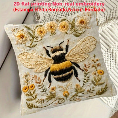 1pc Vintage Farmhouse Style Yellow Bee Embroidery Inspired Throw Pillow Cover, 2D Daisy Floral Print Cushion Case, Living Room Bedroom Sofa Decor, Linen Fabric Single-Sided Print, 18" X 18" (Without P