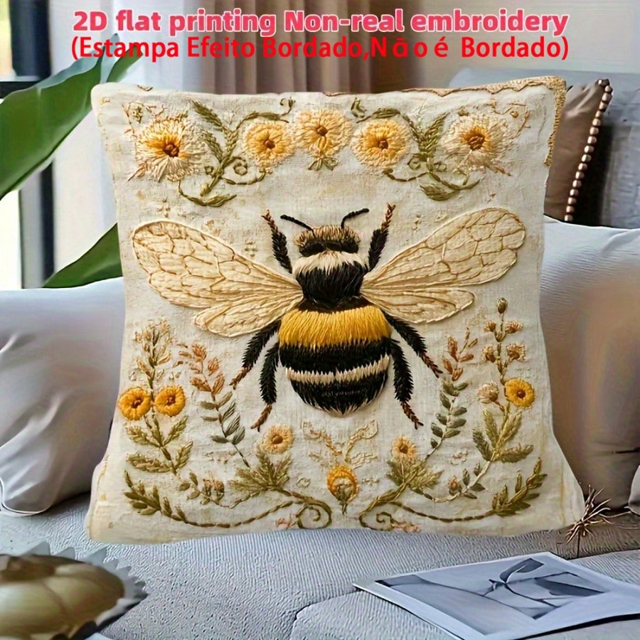 1pc Vintage Farmhouse Style Yellow Bee Embroidery Inspired Throw Pillow Cover, 2D Daisy Floral Print Cushion Case, Living Room Bedroom Sofa Decor, Linen Fabric Single-Sided Print, 18" X 18" (Without P