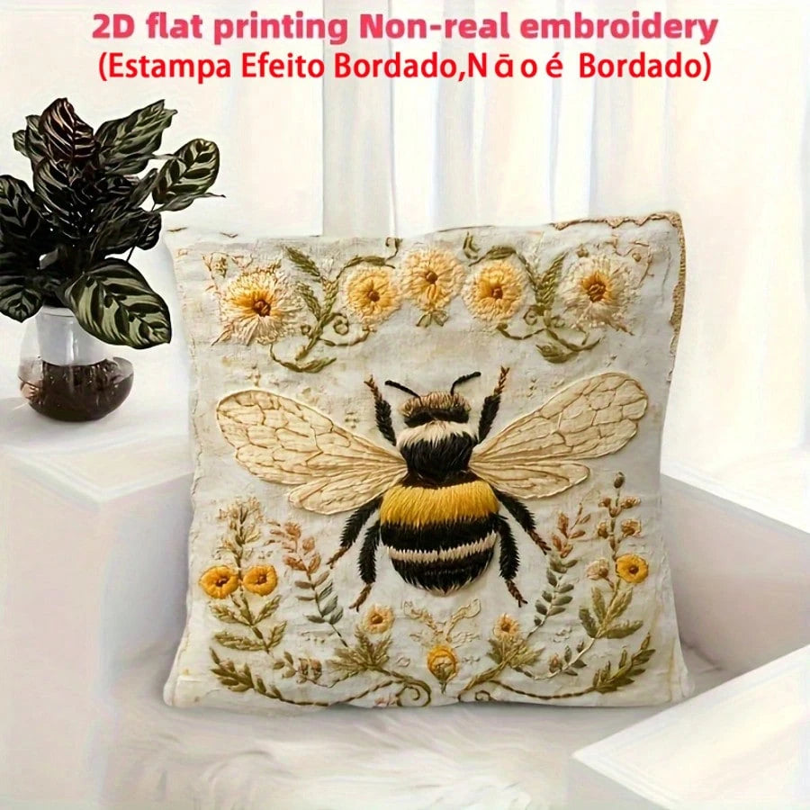 1pc Vintage Farmhouse Style Yellow Bee Embroidery Inspired Throw Pillow Cover, 2D Daisy Floral Print Cushion Case, Living Room Bedroom Sofa Decor, Linen Fabric Single-Sided Print, 18" X 18" (Without P