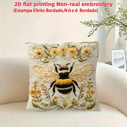 1pc Vintage Farmhouse Style Yellow Bee Embroidery Inspired Throw Pillow Cover, 2D Daisy Floral Print Cushion Case, Living Room Bedroom Sofa Decor, Linen Fabric Single-Sided Print, 18" X 18" (Without P