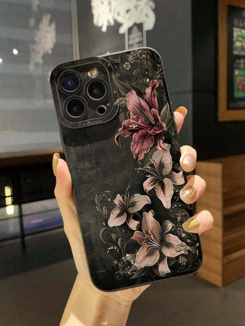 1Pc Vintage Floral Black Background Protective Phone Case Compatible With Apple/Compatible With Galaxy/Compatible With Infinix/Compatible With Redmi/Compatible With OPPO/Compatible With VIVO/Compatib