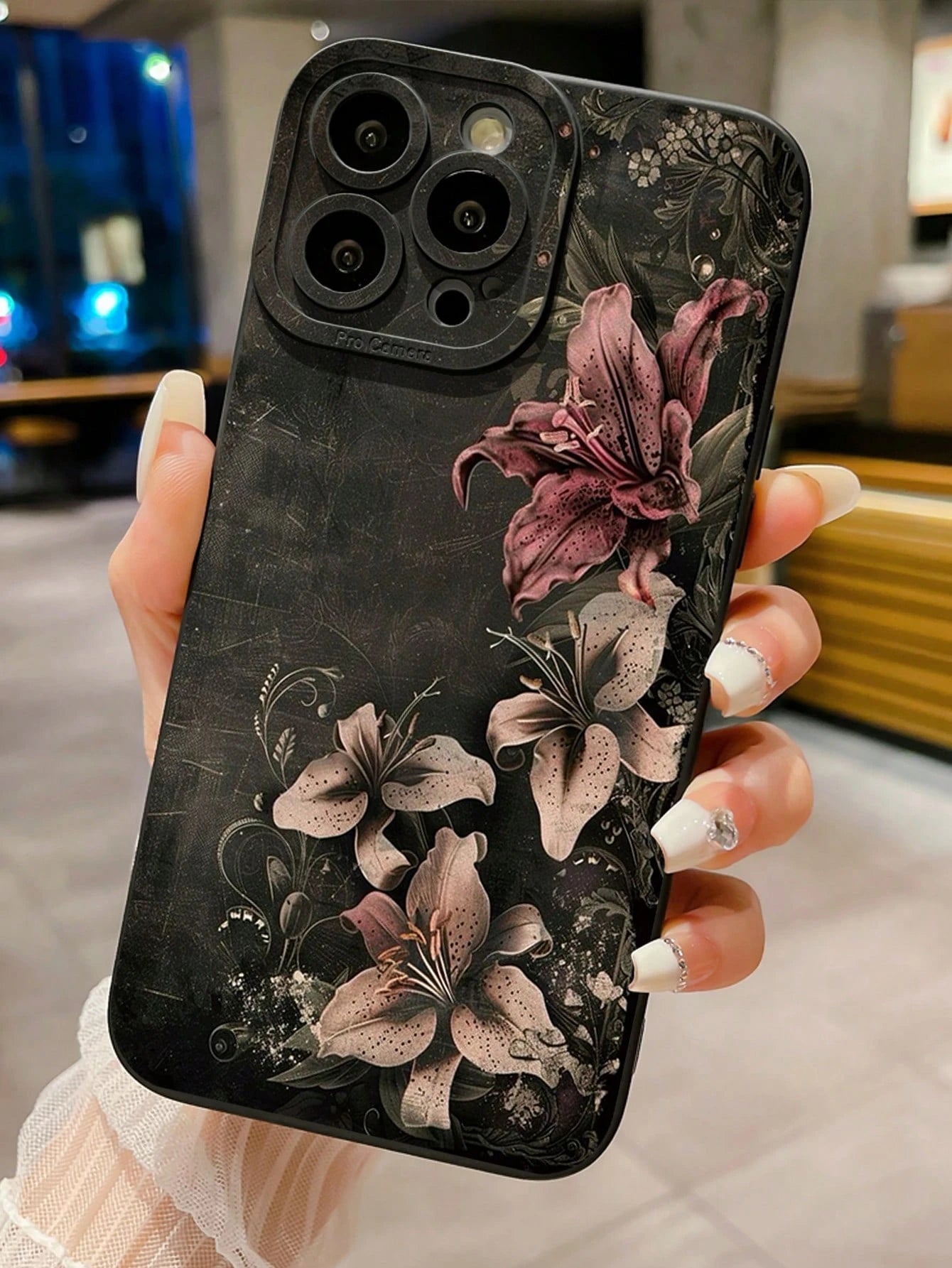1Pc Vintage Floral Black Background Protective Phone Case Compatible With Apple/Compatible With Galaxy/Compatible With Infinix/Compatible With Redmi/Compatible With OPPO/Compatible With VIVO/Compatib