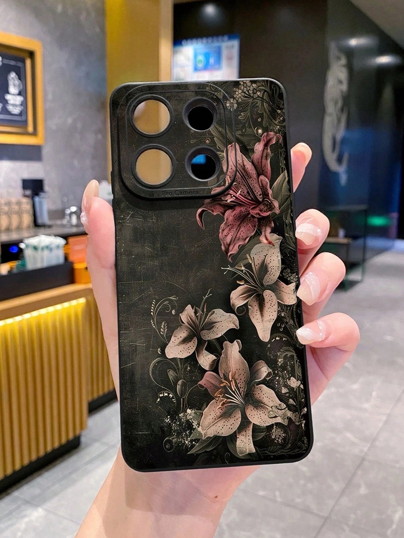 1Pc Vintage Floral Black Background Protective Phone Case Compatible With Apple/Compatible With Galaxy/Compatible With Infinix/Compatible With Redmi/Compatible With OPPO/Compatible With VIVO/Compatib