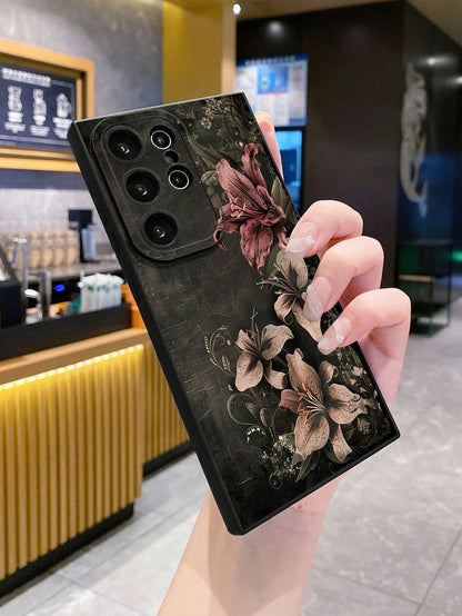 1Pc Vintage Floral Black Background Protective Phone Case Compatible With Apple/Compatible With Galaxy/Compatible With Infinix/Compatible With Redmi/Compatible With OPPO/Compatible With VIVO/Compatib