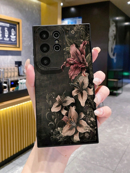 1Pc Vintage Floral Black Background Protective Phone Case Compatible With Apple/Compatible With Galaxy/Compatible With Infinix/Compatible With Redmi/Compatible With OPPO/Compatible With VIVO/Compatib