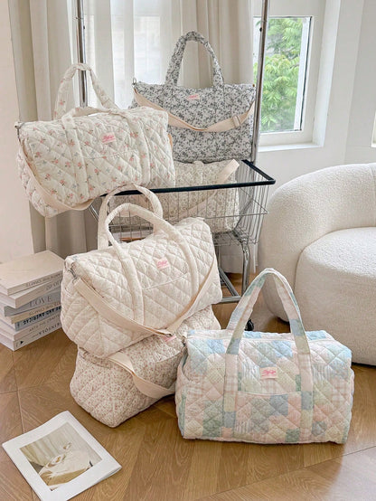 1Pc Vintage Floral Quilted Duffle Bag, Weekend Overnight Bag With Detachable Crossbody Strap, Travel Luggage Handbag For Women Vacation Gym,Best Gift