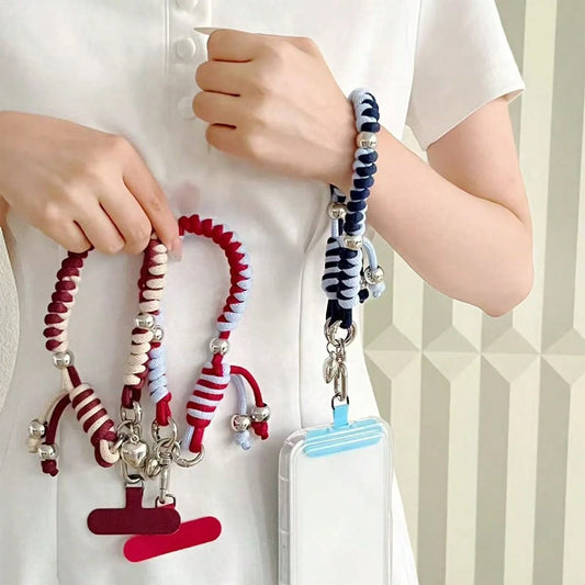 1PC Vintage Handmade Woven Colorblock Short Phone Lanyard Anti-Drop Wrist Strap Heart Pendant Handheld CCD Camera Rope Spacer Phone Strap