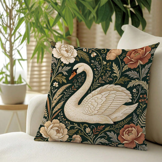 1pc Vintage Morris Floral Swan Pattern Cushion Cover, Single-Sided Printed Skin-Friendly Peach Skin Velvet Material, 45*45CM Pillowcase Suitable For Home Indoor Room Living Room Decoration Party Decor