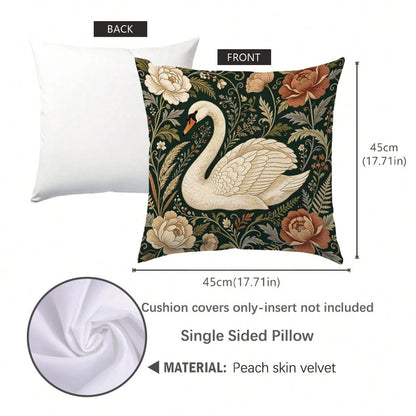 1pc Vintage Morris Floral Swan Pattern Cushion Cover, Single-Sided Printed Skin-Friendly Peach Skin Velvet Material, 45*45CM Pillowcase Suitable For Home Indoor Room Living Room Decoration Party Decor