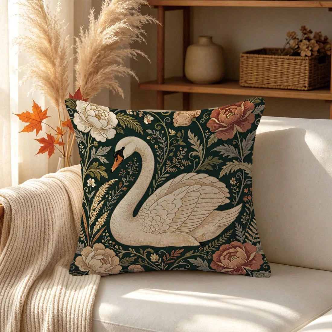 1pc Vintage Morris Floral Swan Pattern Cushion Cover, Single-Sided Printed Skin-Friendly Peach Skin Velvet Material, 45*45CM Pillowcase Suitable For Home Indoor Room Living Room Decoration Party Decor