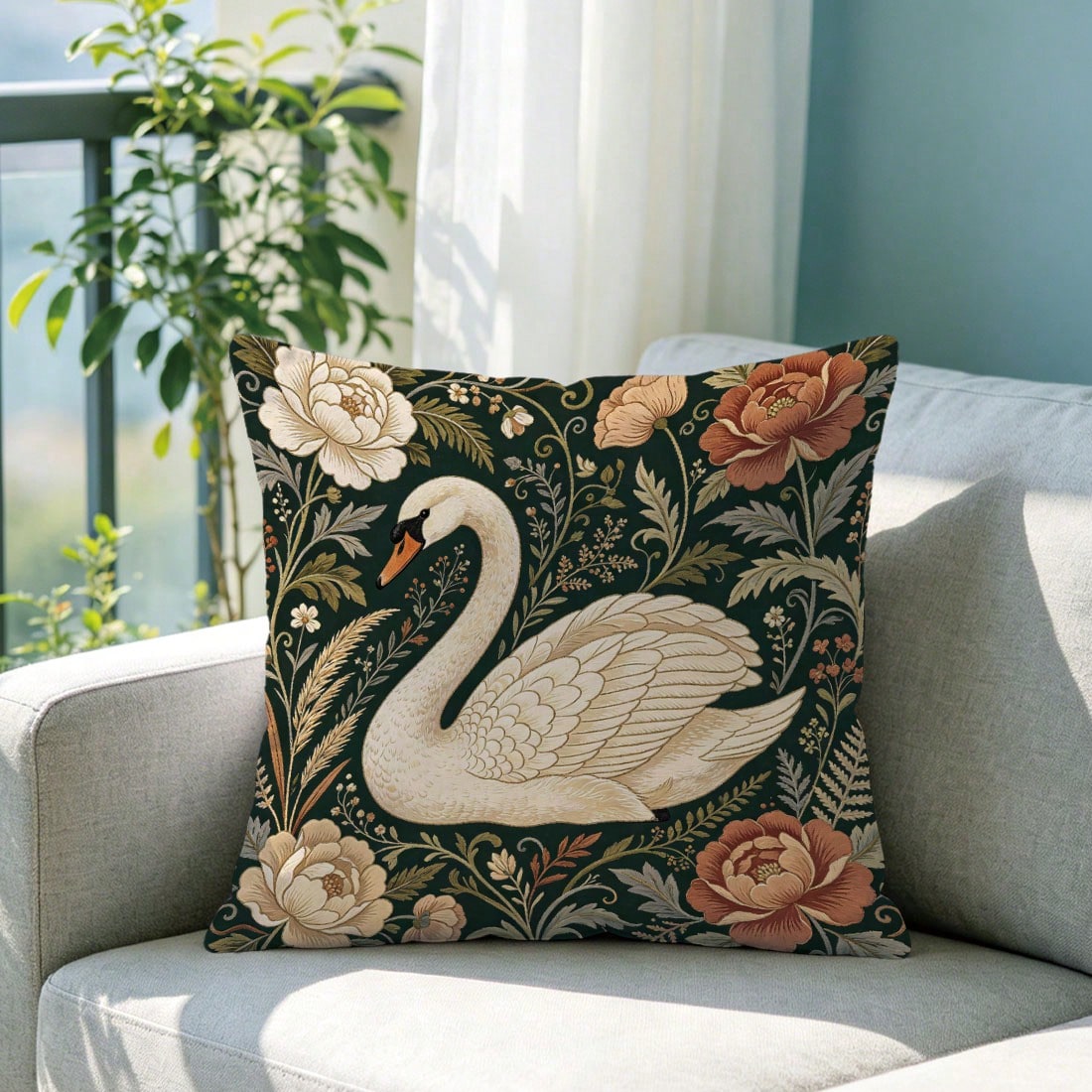 1pc Vintage Morris Floral Swan Pattern Cushion Cover, Single-Sided Printed Skin-Friendly Peach Skin Velvet Material, 45*45CM Pillowcase Suitable For Home Indoor Room Living Room Decoration Party Decor