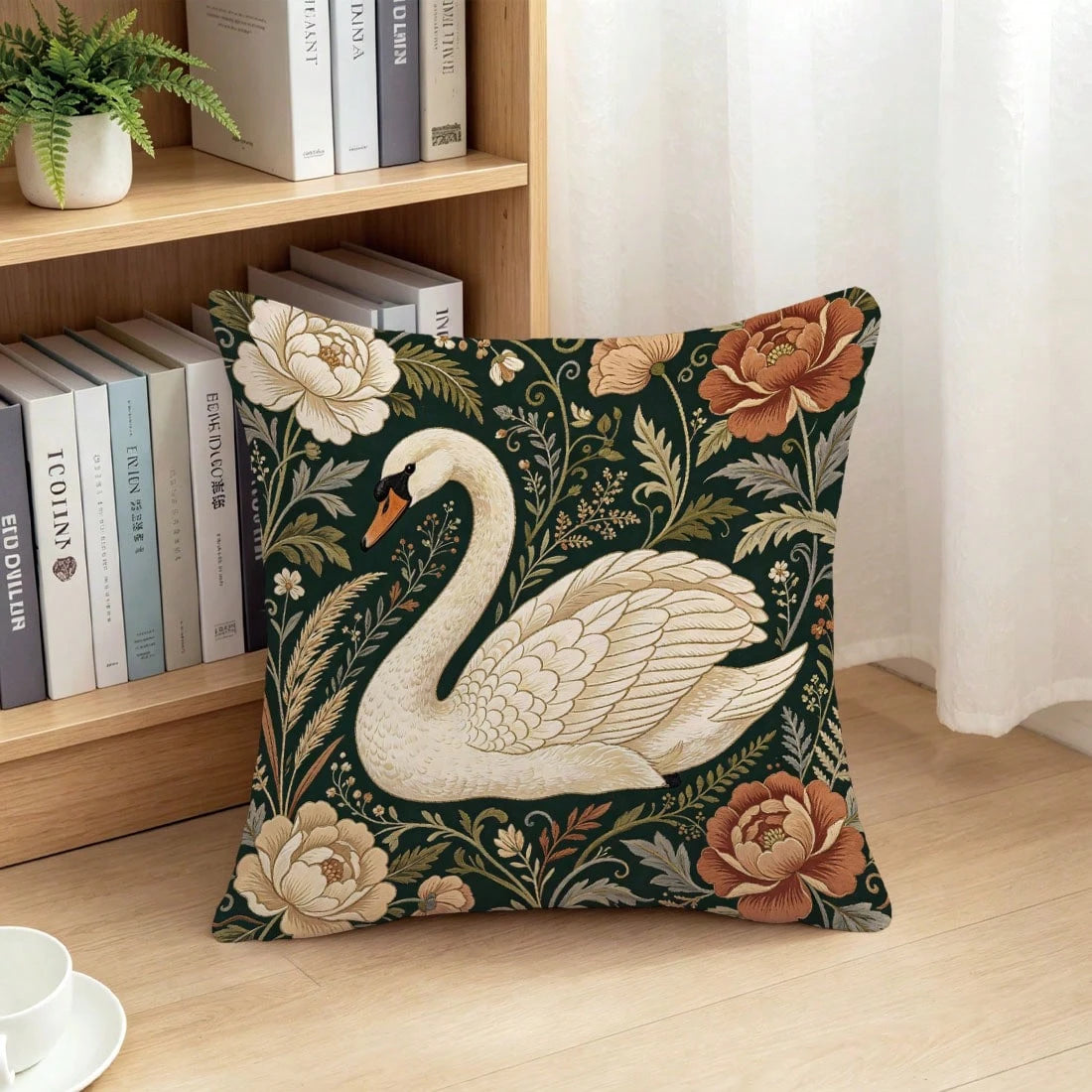 1pc Vintage Morris Floral Swan Pattern Cushion Cover, Single-Sided Printed Skin-Friendly Peach Skin Velvet Material, 45*45CM Pillowcase Suitable For Home Indoor Room Living Room Decoration Party Decor