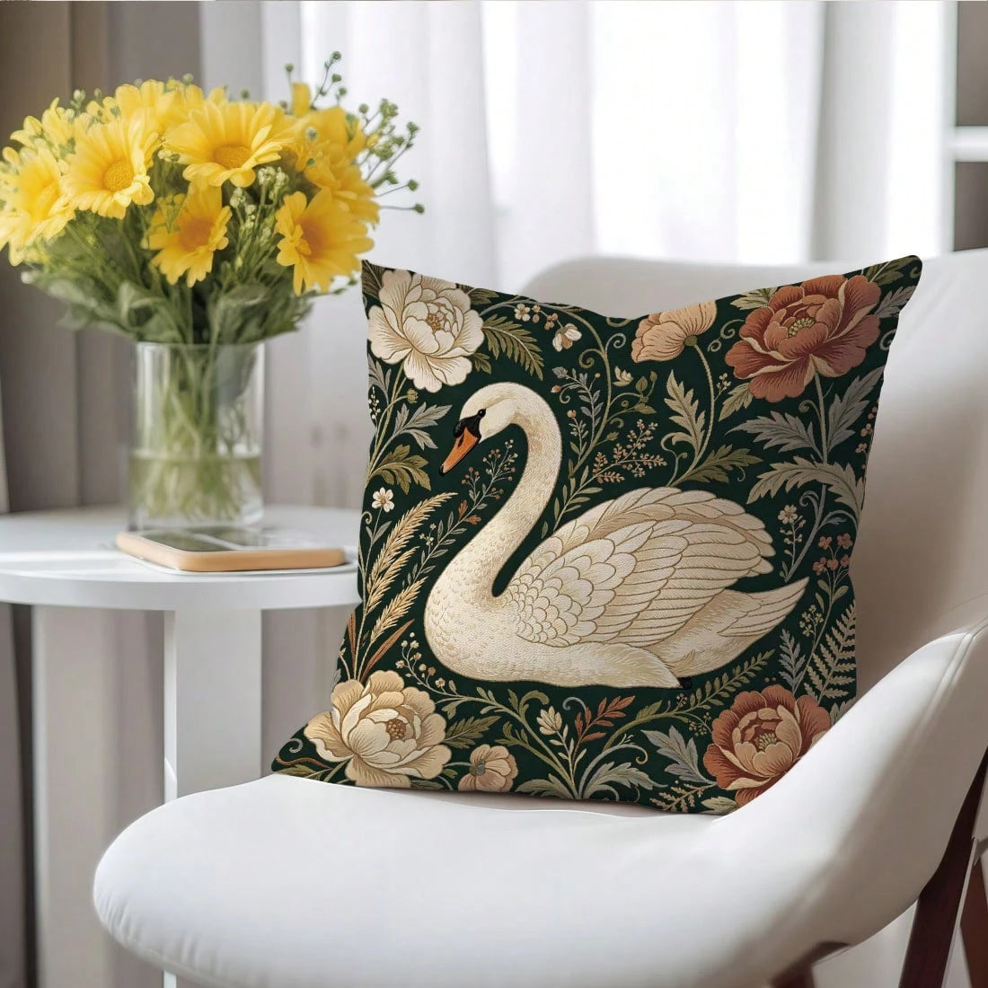 1pc Vintage Morris Floral Swan Pattern Cushion Cover, Single-Sided Printed Skin-Friendly Peach Skin Velvet Material, 45*45CM Pillowcase Suitable For Home Indoor Room Living Room Decoration Party Decor