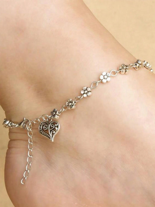 1pc Vintage Silver-Color Hollow Out Plum Flower & Small Flower Design Heart Shaped Foot Chain/Bracelet Valentines,Mom,Mother,Mother's Day,Gift