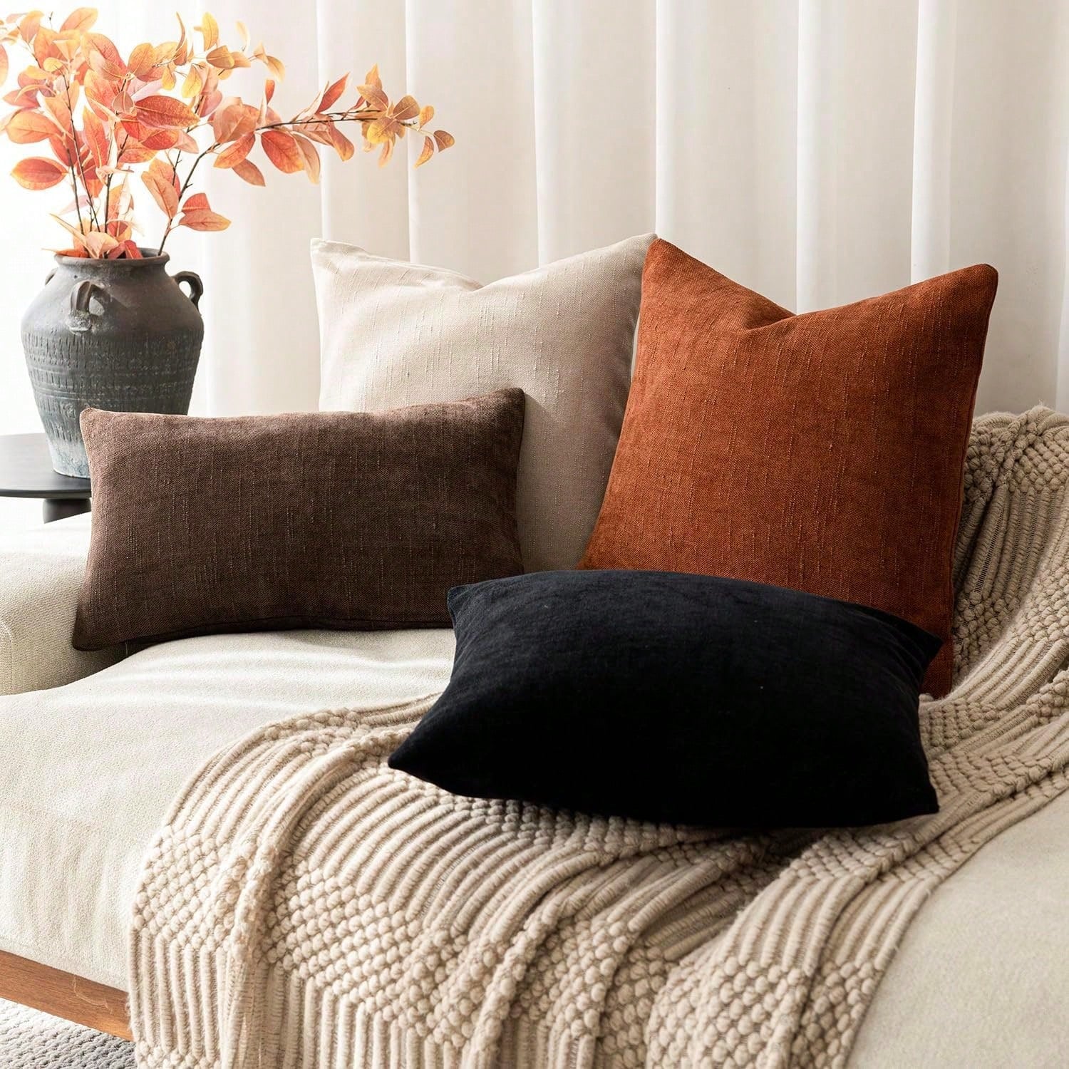 1pc Vintage Textured Bright Orange (Without Filler) Throw Pillow Cover, Luxury Soft Boho Style Chenille Cushion Slipcover Suitable For Sofa, Bed, Car, Dining Chair, Living Room, Bedroom, Floor, Bench
