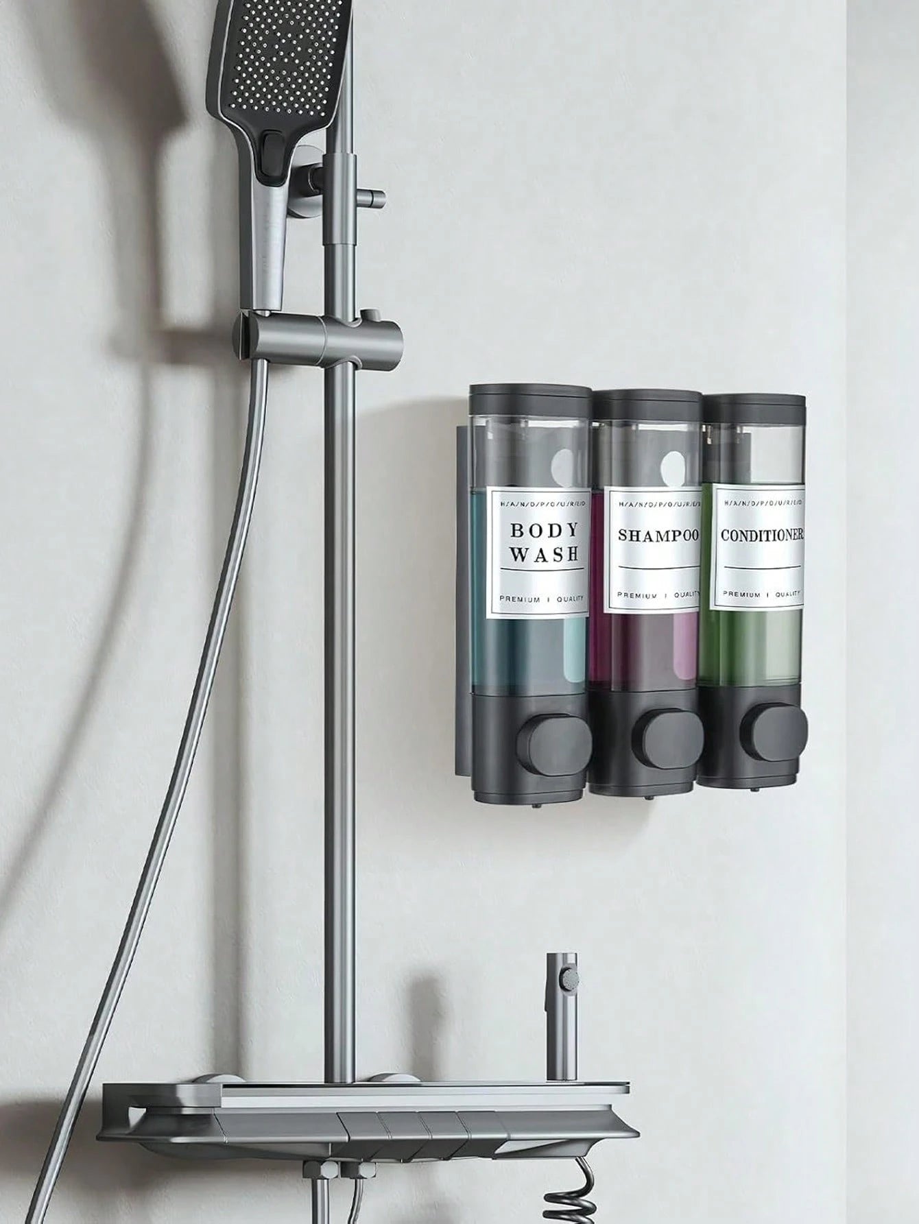 1pc Wall-Mounted Bathroom Soap Dispenser, Can Hold Shower Gel, Shampoo And Conditioner- Suitable For Hand Washing, Showering And Hair Care- With Pump Head Bottle And Soap Dispenser Tray, Hotel Style