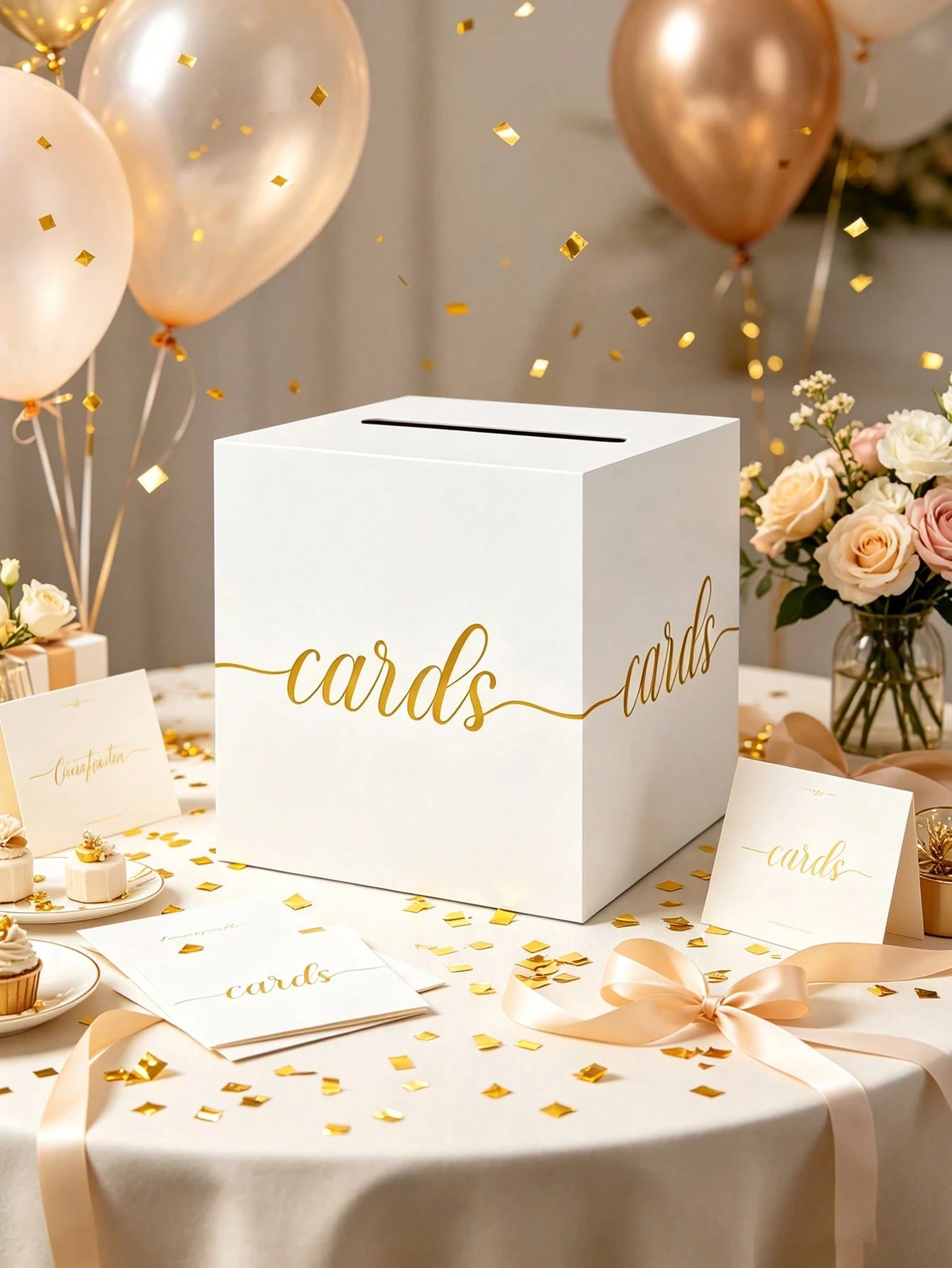 1pc White With Gold Foil Opening Gift Box- Elegant Square Gift Card/Red Envelope Box, Suitable For Baby Shower, First Birthday Party, Gender Reveal Party, Baptism, Wedding Table Decor And Party Suppl