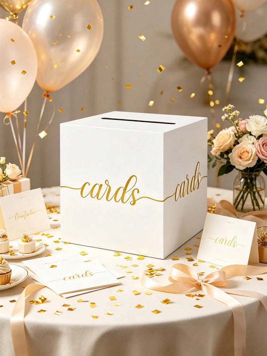 1pc White With Gold Foil Opening Gift Box- Elegant Square Gift Card/Red Envelope Box, Suitable For Baby Shower, First Birthday Party, Gender Reveal Party, Baptism, Wedding Table Decor And Party Suppl