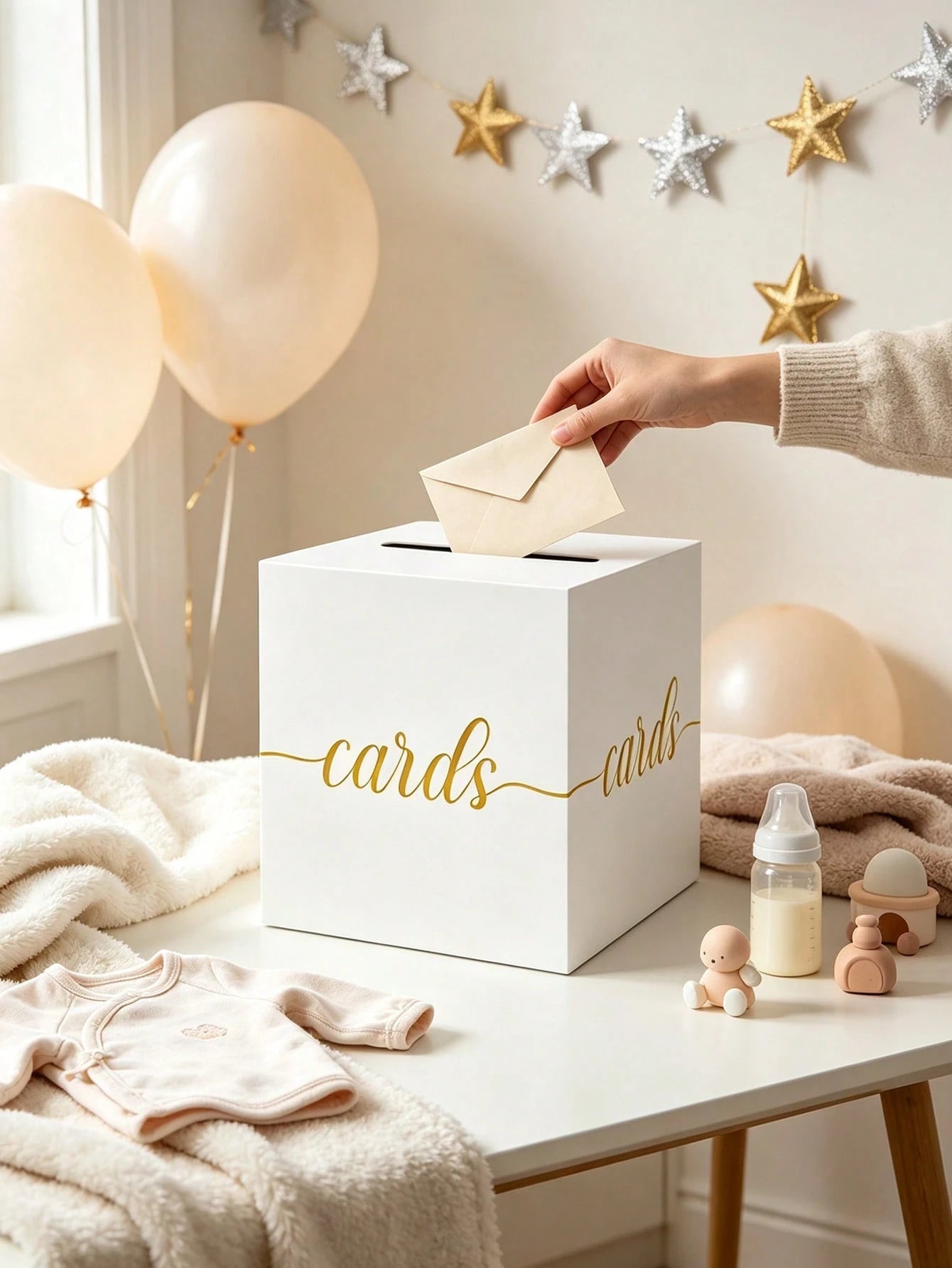 1pc White With Gold Foil Opening Gift Box- Elegant Square Gift Card/Red Envelope Box, Suitable For Baby Shower, First Birthday Party, Gender Reveal Party, Baptism, Wedding Table Decor And Party Suppl