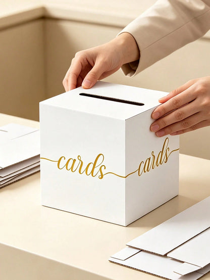 1pc White With Gold Foil Opening Gift Box- Elegant Square Gift Card/Red Envelope Box, Suitable For Baby Shower, First Birthday Party, Gender Reveal Party, Baptism, Wedding Table Decor And Party Suppl