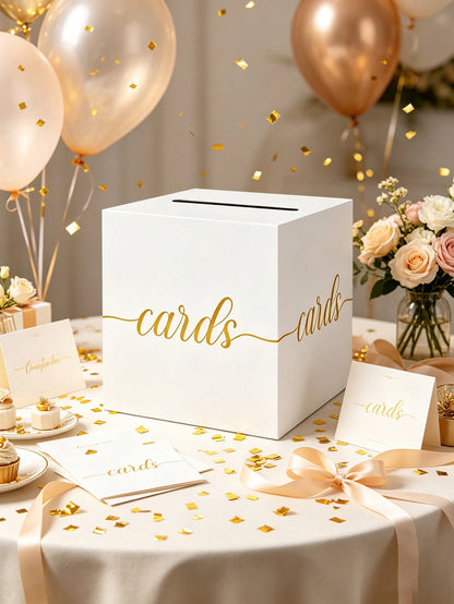 1pc White With Gold Foil Opening Gift Box- Elegant Square Gift Card/Red Envelope Box, Suitable For Baby Shower, First Birthday Party, Gender Reveal Party, Baptism, Wedding Table Decor And Party Suppl