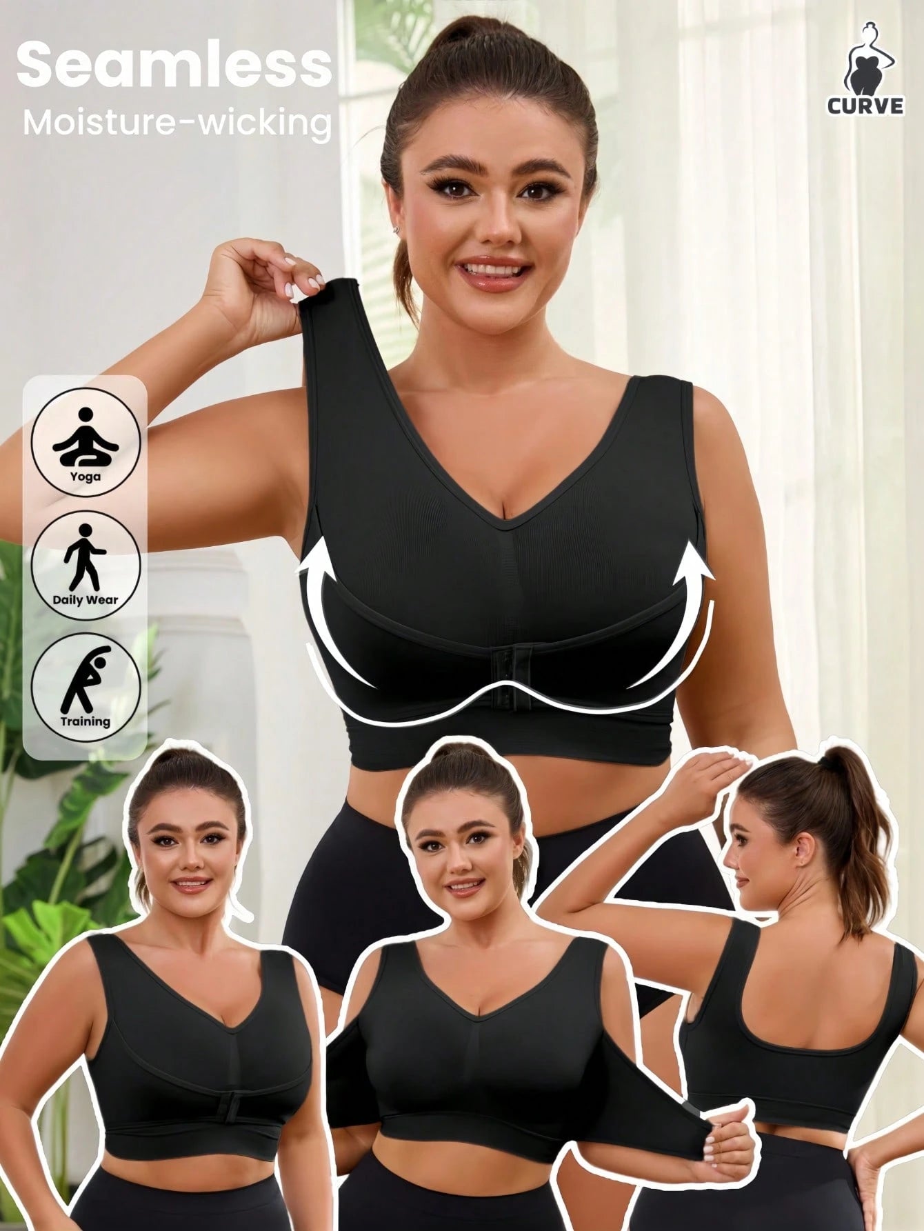 1pc Wireless, Unlined Lift, Front Hook Adjustable Supportive Plus Size Women Sports Bra Vest With Seamless Design Spring