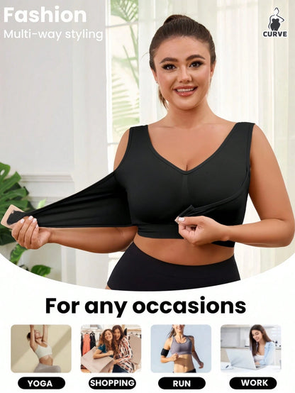 1pc Wireless, Unlined Lift, Front Hook Adjustable Supportive Plus Size Women Sports Bra Vest With Seamless Design Spring