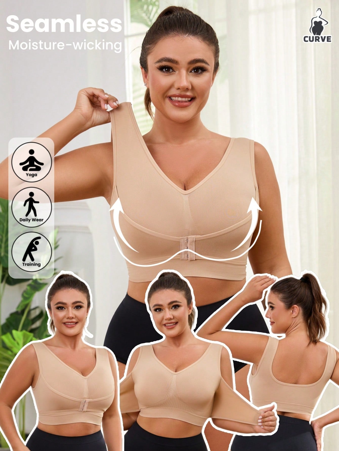 1pc Wireless, Unlined Lift, Front Hook Adjustable Supportive Plus Size Women Sports Bra Vest With Seamless Design Spring
